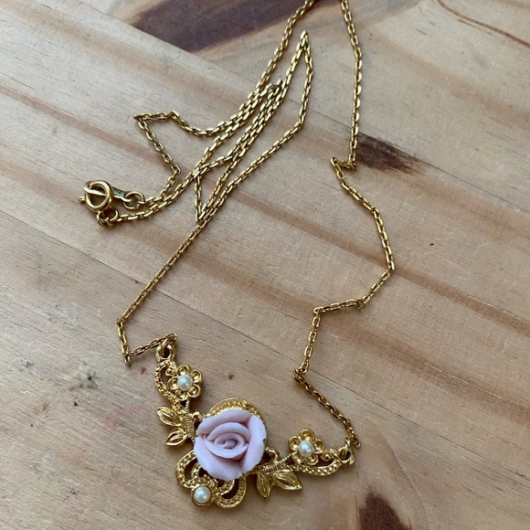 Jewelry - Gold Necklace with Pink Rose Pendant